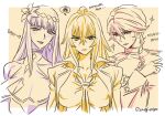  3girls bangs blonde_hair bra breasts cupless_bra epaulettes flower flower_on_head gigantic_breasts gyaru hiiragi_akira_(valkyrie_drive_-mermaid-) kaneko_hiraku lady_j lipstick looking_at_viewer makeup multiple_girls purple_lips red_hair reverse_trap shikishima_mirei underwear uniform valkyrie_drive valkyrie_drive_-mermaid- yuri 