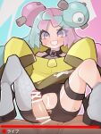  1boy 1girl absurdres bangs bar_censor blush brown_shorts censored character_hair_ornament eyelashes green_hair grey_footwear grey_pantyhose grey_shirt grin hair_ornament highres iono_(pokemon) jacket long_hair pantyhose penis pokemon pokemon_(game) pokemon_sv purple_hair pussy shirt shoes shorts single_leg_pantyhose sleeveless sleeveless_shirt sleeves_past_fingers sleeves_past_wrists smile spread_legs star_(symbol) star_in_eye sweatdrop sweelan symbol_in_eye teeth torn_clothes torn_shorts yellow_jacket 