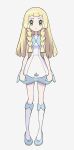  1girl bangs blonde_hair braid closed_mouth commentary_request dress frown full_body green_eyes highres lillie_(pokemon) long_hair looking_at_viewer pokemon pokemon_(game) pokemon_sm sleeveless sleeveless_dress solo standing twin_braids white_dress yoshi_(moco1) 