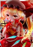  1girl absurdres ascot ayahosiyuki blonde_hair blood blood_in_hair blood_on_arm blood_on_clothes blood_on_hands checkered_floor collared_shirt cowboy_shot finger_to_mouth flandre_scarlet hair_between_eyes hat hat_ribbon heart highres long_hair looking_at_another mob_cap multicolored_wings open_mouth puffy_short_sleeves puffy_sleeves red_eyes red_ribbon red_skirt red_vest ribbon shirt short_sleeves side_ponytail skirt skirt_set solo touhou vest white_headwear white_shirt wings yellow_ascot 