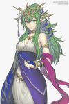  1girl armlet blue_dress bracelet breasts cleavage crown dress fire_emblem fire_emblem_heroes gofelem green_eyes green_hair jewelry looking_at_viewer necklace pointy_ears ponytail smile tiki_(fire_emblem) white_dress 