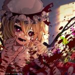  1girl babi_babirusa blurry blurry_background blurry_foreground crystal dated depth_of_field fangs flandre_scarlet food hair_between_eyes hat hat_ribbon head_tilt indoors medium_hair mob_cap multicolored_wings napkin one-hour_drawing_challenge open_mouth red_eyes red_ribbon ribbon solo touhou white_headwear window wings 