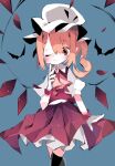  1girl ascot bat_(animal) black_thighhighs blonde_hair blue_background collared_shirt cowboy_shot eyes_visible_through_hair flandre_scarlet hair_over_one_eye hat highres looking_at_another medium_hair mob_cap nacht_musik one_eye_closed puffy_short_sleeves puffy_sleeves red_skirt red_vest shirt short_sleeves side_ponytail simple_background skirt skirt_set solo thighhighs touhou vest white_headwear white_shirt wings yellow_ascot 