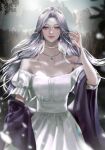  1girl bare_shoulders bead_choker blurry blurry_background choker commission cover cover_page dress earrings haseonyeon highres jewelry korean_commentary long_hair looking_at_viewer multicolored_hair necklace novel_cover off_shoulder original purple_eyes purple_hair smile solo tiara white_dress white_hair 