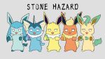  ambiguous_gender chest_tuft eeveelution empty_eyes english_text evolutionary_stone feral fire_stone flareon fluffy fluffy_tail frill_(anatomy) generation_1_pokemon generation_4_pokemon glaceon grey_background group half-closed_eyes head_tuft ice_stone jolteon kemonobito leaf leaf_ears leaf_hair leaf_stone leaf_tail leafeon membrane_(anatomy) membranous_frill narrowed_eyes nintendo on_hind_legs open_mouth open_smile plant plant_hair pokemon pokemon_(species) pseudo_hair semi-anthro simple_background smile text thunder_stone tuft vaporeon video_games water_stone 