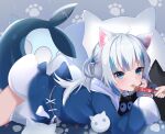  1girl :3 animal_ear_fluff animal_ears bangs blue_eyes blue_hair blue_hoodie blunt_bangs blush cat_ears ciao_churu fish_tail gawr_gura grey_hair hair_ornament highres hololive hololive_english hood hood_down hoodie long_hair long_sleeves lying multicolored_hair nekopurin_(nyanko_prin) no_pants on_stomach pet_food shark_girl shark_hair_ornament shark_tail sleeves_past_wrists solo_focus streaked_hair tail two_side_up virtual_youtuber wide_sleeves 