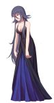  1girl bangs bare_arms black_dress blue_dress breasts cleavage collarbone dress evening_gown full_body grey_hair hair_between_eyes highres leaning_forward long_dress long_hair medium_breasts parted_lips red_eyes ren_fuzi shiny shiny_hair simple_background sleeveless sleeveless_dress solo standing straight_hair two-tone_dress very_long_hair white_background yamada_tae zombie_land_saga 
