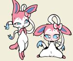  6:5 anthro biped blue_eyes blush bodily_fluids eeveelution female front_view generation_6_pokemon genitals hi_res itsunknownanon looking_away multiple_poses nintendo open_mouth pink_body pokemon pokemon_(species) pose pussy simple_background solo spread_legs spreading standing sweat sylveon video_games white_body 