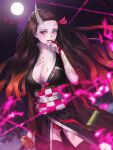  1girl belt belt_buckle black_kimono black_thighhighs blood breasts brown_hair buckle cleavage collar collarbone covered_nipples cowboy_shot dutch_angle fingernails full_moon gradient_hair highres holding holding_sword holding_weapon horns japanese_clothes kamado_nezuko katana kimetsu_no_yaiba kimono large_breasts licking licking_blood licking_hand long_hair looking_at_viewer moon multicolored_hair night obi oni_horns open_clothes open_kimono orange_hair panties red_eyes red_nails red_panties sash sharp_fingernails single_horn slit_pupils solo standing sword teku_(yptd3484) thighhighs underwear very_long_hair weapon white_belt 