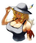  1girl bandana blonde_hair blue_eyes blush breasts calenda_(kemono_friends) cleavage commentary_request hair_tie hat_feather hatch_(hatch_box) huge_breasts kemono_friends kemono_friends_3 long_hair no_bra red_bandana safari_hat short_sidetail singlet solo standing sweat twintails 