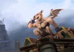  crouching fantasy fog gargoyle horn looking_down male rooftop town 