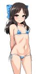  1girl arms_behind_back bikini bow breasts brown_eyes brown_hair hair_bow idolmaster idolmaster_cinderella_girls long_hair micro_bikini navel riking side-tie_bikini_bottom sidelocks small_breasts swimsuit tachibana_arisu white_background 