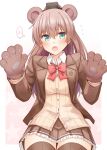  1girl animal_ears animal_hands aqua_eyes bear_ears blazer bow bowtie breasts brown_cardigan brown_hair brown_jacket brown_skirt brown_thighhighs cardigan collared_shirt fake_animal_ears frilled_skirt frills gloves jacket kantai_collection kumano_(kancolle) kumano_kai_ni_(kancolle) long_hair long_sleeves medium_breasts miniskirt paw_gloves pleated_skirt ponytail red_bow red_bowtie rui_shi_(rayze_ray) school_uniform shirt skirt solo thighhighs white_shirt 