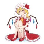  1girl blonde_hair blush closed_mouth collarbone collared_shirt doko_ni_demo_iru_bakana_shojo flandre_scarlet frilled_shirt_collar frilled_skirt frilled_sleeves frills full_body hair_between_eyes hat hat_ribbon highres hugging_own_legs mary_janes medium_hair mob_cap multicolored_wings no_socks pout puffy_short_sleeves puffy_sleeves red_eyes red_footwear red_ribbon red_skirt red_vest ribbon ribbon-trimmed_headwear ribbon_trim shirt shoes short_sleeves side_ponytail simple_background skirt solo touhou vest white_background white_headwear white_shirt wings 
