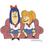  2girls :3 artist_name bangs beavis_and_butt-head blue_hair blue_sailor_collar blue_skirt bow brown_footwear commentary couch full_body hair_bow hair_ornament hair_scrunchie long_hair lowres mike_judge_(style) motion_lines multiple_girls neckerchief on_couch orange_hair pipimi pleated_skirt poptepipic popuko red_bow red_neckerchief sailor_collar school_uniform scrunchie serafuku shoes short_hair short_twintails sidelocks simple_background sitting skirt smashpansy socks teeth twintails two_side_up upper_teeth v-shaped_eyebrows white_background white_socks yellow_scrunchie 