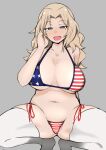  1girl american_flag_bikini bikini blonde_hair breasts cleavage flag_print girls_und_panzer hand_on_own_head highres kay_(girls_und_panzer) large_breasts midriff navel ngc20701 plump side-tie_bikini_bottom spread_legs squatting swimsuit thighhighs 