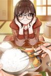  1girl 1other bangs brown_eyes brown_hair chabudai_(table) chopsticks closed_mouth collarbone cushion food glasses hair_between_eyes head_rest highres holding holding_chopsticks hood hoodie iin_chiyo kimi_no_koto_ga_dai_dai_dai_dai_daisuki_na_100-nin_no_kanojo looking_at_viewer medium_hair nikujaga_(food) official_art red_hoodie rice rice_cooker salmon sidelocks symbol-shaped_pupils table tatami yukiko_(haikara) zabuton 