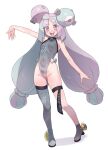  1girl :d bangs bare_arms blush boots breasts cameltoe commentary_request covered_navel eichan_(eichanidfi) full_body green_hair grey_footwear grey_thighhighs highleg highleg_leotard highres iono_(pokemon) leotard long_hair no_jacket open_mouth outstretched_arm pokemon pokemon_(game) pokemon_sv purple_hair sharp_teeth simple_background single_thighhigh smile solo teeth thigh_strap thighhighs tongue twintails white_background 