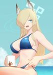  1girl adjusting_clothes adjusting_swimsuit alternate_costume animal_ear_fluff animal_ears asymmetrical_bangs bangs bikini blonde_hair blue_archive blue_bikini blue_eyes breasts cup extra_ears hair_over_one_eye halo highres holding holding_cup horizon kanna_(blue_archive) kogetail large_breasts long_bangs midriff mug navel outdoors paw_print sharp_teeth sky solo swimsuit teeth water 