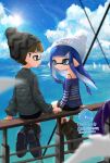  1boy 1girl aqua_eyes bangs beanie black_footwear black_shorts blue_hair boots brown_footwear brown_hair cloud commission couple day hat hetero highres inkling inkling_boy inkling_girl kumo_(kumo_hsc0216) long_hair long_sleeves outdoors pointy_ears shirt shorts sitting sky smile splatoon_(series) splatoon_2 tentacle_hair water 