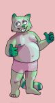  4_fingers 4_toes anthro bent_arm bottomwear chubby_anthro chubby_male clothing digital_media_(artwork) english_text feet fingers fred_(fredrick_brennan) fur gesture green_body green_fur hi_res male mammal navel nipples pocketfurry procyonid raccoon shaded shorts simple_background slightly_chubby smile solo standing teeth text thumbs_up toes 