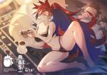  1girl bangs bare_arms bare_legs bare_shoulders barefoot black_bra bra coffee controller cup eyebrows_hidden_by_hair game_controller hair_between_eyes highres holding long_hair mouth_hold original playing_games ponytail red_eyes red_hair shipl sitting solo thighs underwear very_long_hair 