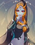  1girl blue_skin breasts cloak colored_sclera colored_skin enni eyelashes fangs front_ponytail hair_ornament highres hood hooded_cloak long_hair midna midna_(true) open_mouth orange_hair red_eyes solo the_legend_of_zelda the_legend_of_zelda:_twilight_princess upper_body yellow_sclera 