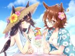  2girls agnes_tachyon_(umamusume) ahoge alternate_costume animal_ears bangs bracelet breasts brown_hair cleavage crazy_straw day drinking_straw ears_through_headwear flower flower_hat glasses hair_between_eyes hat hat_flower hawaiian_shirt horse_ears jewelry long_hair looking_at_viewer manhattan_cafe_(umamusume) medium_hair multiple_girls musukichi navel outdoors red_eyes round_table shirt sleeveless sleeveless_shirt small_breasts smile straw_hat table umamusume upper_body white_shirt yellow_eyes 