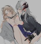  2girls absurdres animal_ears anus arknights black_gloves black_shirt blue_dress blue_eyes blush breasts breasts_out clothes_lift clothes_pull dog_ears dog_girl dragon_girl dragon_horns dress dress_lift dress_pull dress_shirt ear_blush earclip fingering floppy_ears gloves grey_background grey_hair grey_jacket heavy_breathing highres horns jacket joshua_(shisanli934) kirsten_(arknights) leash leash_pull light_brown_hair long_hair long_sleeves looking_at_another mouth_hold multiple_girls off_shoulder open_clothes open_jacket pussy saria_(arknights) shirt simple_background sketch small_breasts smile sweat yellow_eyes yuri 