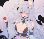  1girl animal_ear_fluff animal_ears azur_lane bangs blue_eyes blue_hair breasts cleavage cup detached_sleeves fox_ears fox_girl fox_tail hair_ornament highres holding holding_cup large_breasts lips looking_at_viewer open_mouth shinano_(azur_lane) smile solo tail teeth upper_teeth wide_sleeves zerocat 