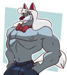  2011 animaniacs anthro big_muscles blue_body blue_fur bottomwear bow_tie bulge canid canine cartoonjunkie clothed clothing denim denim_clothing eyebrows fur hair jeans long_hair looking_away male mammal muscular navel nipples pants pecs raised_eyebrow simple_background smile solo topless warner_brothers were werecanid werecanine werewolf white_hair wilford_wolf 