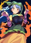  1girl absurdres apron arm_ribbon blue_hair chisel dress green_apron green_belt green_headwear green_hood green_scarf haniyasushin_keiki head_scarf highres jewelry knife long_hair magatama magatama_necklace necklace paintbrush pink_eyes pliers ribbon scarf single_strap solo tools touhou urizaku3 wood_carving_tool yellow_dress yellow_sleeves 