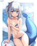  1girl absurdres arm_support artist_name bangs bikini blue_eyes blue_hair blurry blurry_background blush border breasts covering covering_chest cowboy_shot fish_tail gawr_gura grey_hair groin hair_ornament heart highres hololive hololive_english kkato leaning_to_the_side legs_together long_hair looking_at_viewer multicolored_bikini multicolored_clothes multicolored_hair navel parted_lips raised_eyebrows shark_girl shark_print shark_tail small_breasts solo stomach string_bikini swimsuit tail thighs two-tone_hair two_side_up untied untied_bikini virtual_youtuber wet white_border 