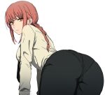  1girl ass ass_focus back bangs bent_over black_necktie black_pants braid braided_ponytail breasts chainsaw_man eatora formal from_behind huge_ass long_hair looking_at_viewer looking_back makima_(chainsaw_man) medium_breasts necktie pants red_hair ringed_eyes shirt solo thighs white_shirt yellow_eyes 
