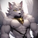  anonymous_artist anthro black_markings canid canine canis fur gold_(metal) gold_jewelry jewelry male mammal markings muscular solo solo_focus white_body white_fur wings wolf yellow_eyes 