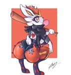  2022 anthro baseball_bat bat_(object) big_breasts big_butt breasts butt cinderace clothed clothing female fluffy fluffy_tail fur generation_8_pokemon hi_res lagomorph lavtheghost leporid mammal nintendo open_mouth open_smile partially_clothed pokemon pokemon_(species) simple_background smile thick_thighs video_games white_body white_fur 