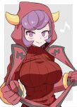  1girl breasts courtney_(pokemon) fake_horns highres hood horned_headwear horned_hood horns kurachi_mizuki large_breasts pokemon pokemon_(game) pokemon_oras ribbed_sweater simple_background solo sweater team_magma team_magma_uniform white_background 