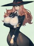 1girl black_headwear black_leotard black_sleeves breasts brown_hair closed_mouth covered_nipples cowboy_shot curvy fumio_(rsqkr) glasses hat highres large_breasts large_hat leotard long_hair long_sleeves looking_at_viewer narrow_waist pantyhose pointy_nose sideboob simple_background solo spy_x_family standing stylistic sylvia_sherwood thick_thighs thighs white_background wide_hips 