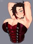  1girl absurdres alternate_breast_size armpits arms_behind_head arms_up artist_name black_hair breasts choker cleavage corset gradient_hair grey_background grey_eyes highres huge_breasts looking_at_viewer multicolored_hair nezulet red_hair ruby_rose rwby seductive_smile short_hair simple_background smile solo upper_body 