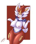  2022 big_breasts breasts cinderace female fluffy fluffy_tail fur generation_8_pokemon hi_res lagomorph lavtheghost leporid mammal nintendo nipples open_mouth pokemon pokemon_(species) simple_background teeth thick_thighs tongue video_games white_body white_fur 