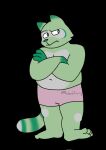  4_toes anthro bottomwear chubby_anthro chubby_male clothing crossed_arms digital_media_(artwork) english_text feet fred_(fredrick_brennan) fur green_body green_fur hi_res male mammal mouth_closed pocketfurry procyonid raccoon shorts slightly_chubby solo standing text toes 