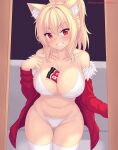  1girl animal_ear_fluff animal_ears ass_visible_through_thighs bangs between_breasts bikini blonde_hair breasts collarbone fur-trimmed_jacket fur_trim grin groin highres jacket large_breasts looking_at_viewer navel nottytiffy off_shoulder original patreon_username ponytail red_eyes red_jacket slit_pupils smile solo stomach swimsuit teeth thigh_gap thighhighs ticket tiffy_(nottytiffy) web_address white_bikini white_thighhighs 