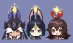  1girl 2boys :d :o amber_(genshin_impact) animal_ear_fluff animal_ears bangs baron_bunny_(genshin_impact) black_hair blue_background blush brown_eyes brown_hair chibi closed_mouth commentary_request cropped_torso cyno_(genshin_impact) dark_skin fake_animal_ears genshin_impact green_eyes green_hair hair_between_eyes hair_ribbon long_hair multicolored_hair multiple_boys o_o parted_lips red_ribbon ribbon simple_background smile streaked_hair tighnari_(genshin_impact) upper_body watermark white_hair yamabukiiro 