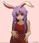  1girl alternate_costume animal_ears artist_name bangs collarbone dress expressionless flat_chest long_hair looking_at_viewer pink_background rabbit_ears red_dress red_eyes reisen_udongein_inaba sidelocks simple_background solo touhou zoolpal 