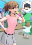  1boy 1girl blurry blurry_background brown_eyes brown_hair calling cellphone commentary_request cowboy_shot dress flip_phone grey_skirt highres k3rd kamijou_touma misaka_mikoto phone pink_shirt pleated_dress ponytail shirt short_hair skirt standing toaru_kagaku_no_railgun toaru_majutsu_no_index 