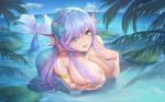  1girl :d absurdres blue_hair blue_sky breasts cloud commentary_request covered_nipples flower grabbing_own_breast green_eyes highres large_breasts lotus mermaid monster_girl ocean open_mouth original outdoors partially_submerged siebencooper sky smile solo starfish_hair_ornament teeth water 