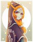  1girl black_cloak blue_skin cloak closed_mouth colored_sclera colored_skin enni eyelashes front_ponytail hair_ornament highres hood hooded_cloak long_hair looking_at_viewer midna midna_(true) orange_hair purple_lips red_eyes smile solo the_legend_of_zelda the_legend_of_zelda:_twilight_princess upper_body yellow_sclera 