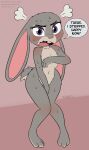  2021 3_toes 4_fingers absurd_res angry anthro blush bodily_fluids buckteeth claws covering dialogue digital_media_(artwork) disney ears_down eyelashes feet fingers flat_chested fur furnut grey_body grey_fur half-closed_eyes hi_res judy_hopps lagomorph leporid long_ears mammal narrowed_eyes navel nude pink_inner_ear pink_nose pivoted_ears purple_eyes rabbit scut_tail short_tail signature standing sweat sweatdrop teeth toe_claws toes wavy_mouth zootopia 