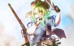  1girl belt breasts ceres_fauna cigar cleavage cowboy cowboy_hat cowboy_western gloves green_hair gun handgun hat highres holding hololive hololive_english long_hair parus_p revolver rifle solo virtual_youtuber weapon yellow_eyes 