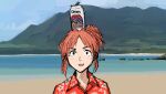  1girl abe_nana beach brown_hair can_on_head idolmaster idolmaster_cinderella_girls looking_at_viewer ocean okinawa open_collar open_mouth orion_beer outdoors ponytail red_eyes red_shirt sakisaka502 shirt short_hair sky solo sonatine terajima_susumu water 